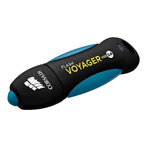 Schwarzer USB-Stick mit blauen Akzenten, Schriftzug "Voyager USB 3.0" und Corsair Logo.