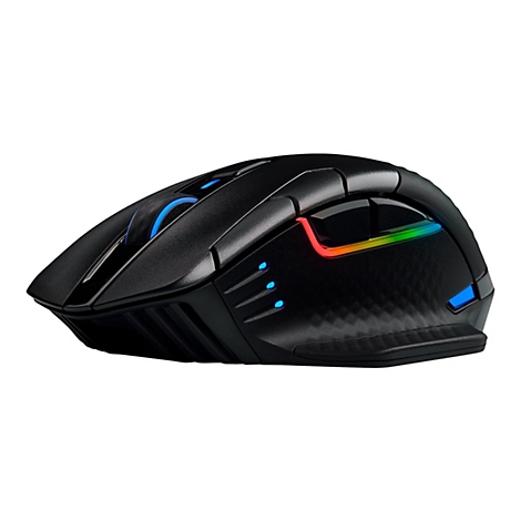 Schwarze Gaming-Maus mit blauen und farbigen LED-Lichtern. Sie hat eine ergonomische Form und sichtbare Tasten.