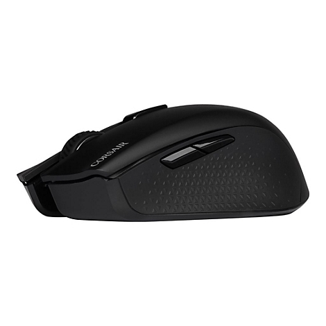Schwarze Corsair-Gaming-Maus mit strukturierten Seiten und zwei zusÃ¤tzlichen KnÃ¶pfen.