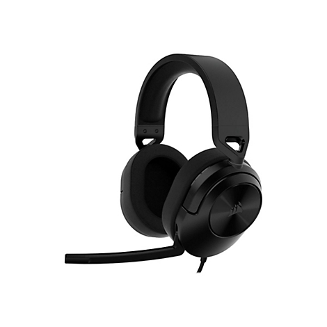 Schwarzes Gaming-Headset mit Mikrofon auf weißem Hintergrund.