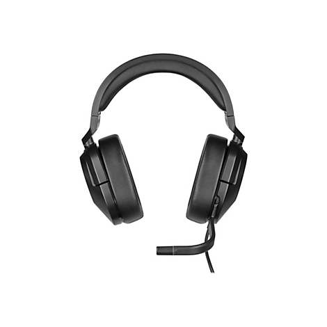 Schwarzes Headset, detailreiche Nahaufnahme. Gepolsterte Ohrmuscheln, Mikrofon, Kabel.