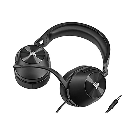 Schwarzes Gaming-Headset mit Corsair-Logo, Klinkenstecker. Detailaufnahme vor weißem Hintergrund.