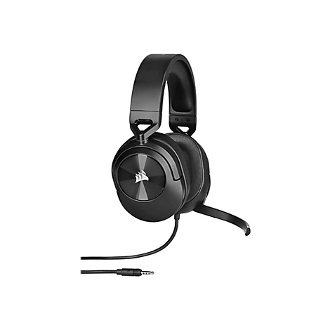 Schwarzes Headset mit Mikrofon, Kabel und Stecker, auf weißem Hintergrund.