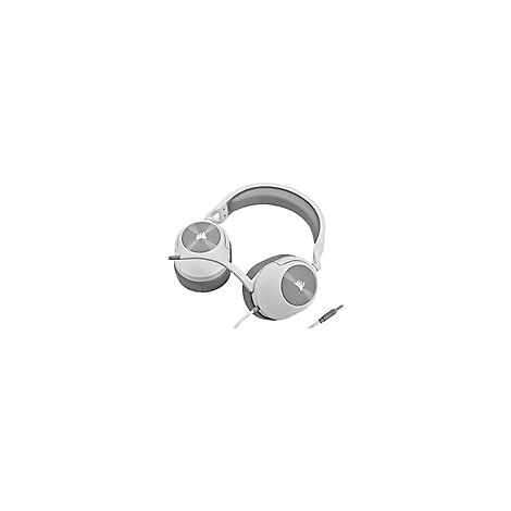 WeiÃŸes Gaming-Headset, graue Akzente, Mikrofon, Kabel, Blick von oben.