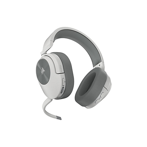 Hellgrauer Kopfhörer mit weißem Bügel, grauem Ohrpolster und Corsair-Logo.