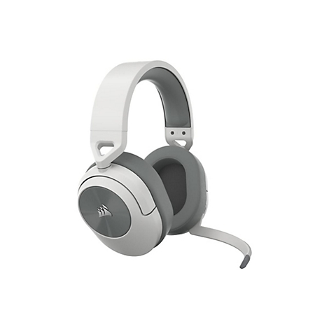 Weiß-graues Headset, Corsair-Logo auf den Ohrmuscheln. Mikrofonarm. Freigestellt.