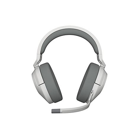 Hellgrauer Kopfhörer mit grauen Ohrmuscheln und Mikrofon, vor weißem Hintergrund.