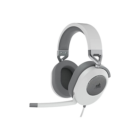 Weiß-graues Gaming-Headset, Mikrofon, Kabel. Auf weißem Hintergrund. Mit Logo auf dem Ohr.