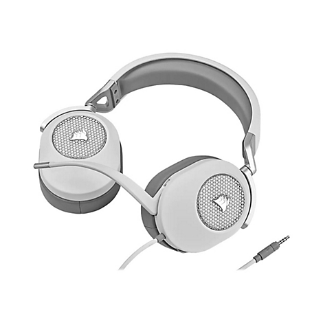 Weißes Headset mit grauem Bügel und Ohrmuscheln. An den Ohrmuscheln ist das Corsair-Logo zu sehen. Kabel und Klinkenstecker.