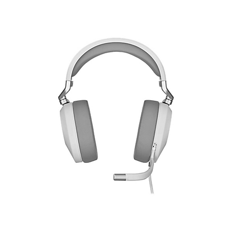 Hellgraues Headset auf weißem Hintergrund. Die Ohrmuscheln sind rechteckig, gepolstert, mit integriertem Mikrofon.