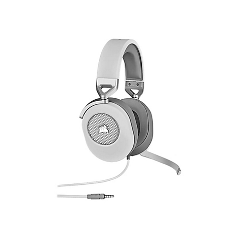 Weißes Gaming-Headset auf weißem Hintergrund, graue Ohrmuscheln und Mikrofon.