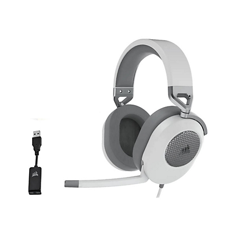 Weißes Gaming-Headset mit grauem Bügel und Ohrmuscheln, Mikrofon und USB-Adapter.