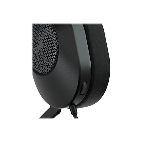 Nahaufnahme einer schwarzen Gaming-Headset-Ohrmuschel mit Corsair-Logo und Lautstärkeregler.
