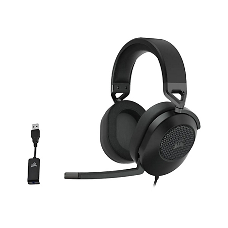 Schwarzes Corsair Gaming-Headset mit Bügelmikrofon und USB-Adapter auf weißem Hintergrund.