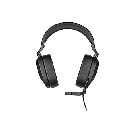 Schwarzes Gaming-Headset mit Ohrpolstern und Mikrofonarm vor weißem Hintergrund.