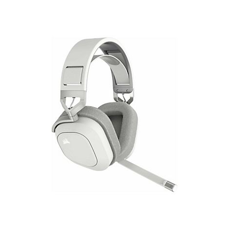 Weißes Gaming-Headset, grau gepolsterte Ohrmuscheln und verstellbarer Bügel. Am rechten Hörer befindet sich ein ausziehbares Mikrofon.