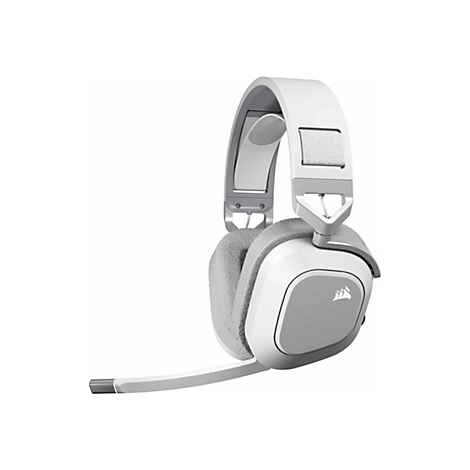 Weißes Gaming-Headset mit grauem Mikrofon und Ohrpolstern, das freigestellt vor weißem Hintergrund dargestellt wird.