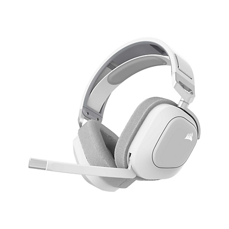 Weißes Gaming-Headset mit grauem Mikrofon und Ohrpolstern, isoliert auf weißem Hintergrund. Das Headset hat das Corsair-Logo.