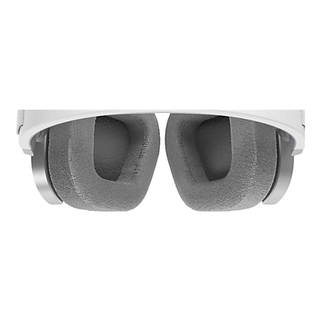 Nahaufnahme eines weißen Headsets mit grauen Ohrpolstern, das von oben abgebildet wird.