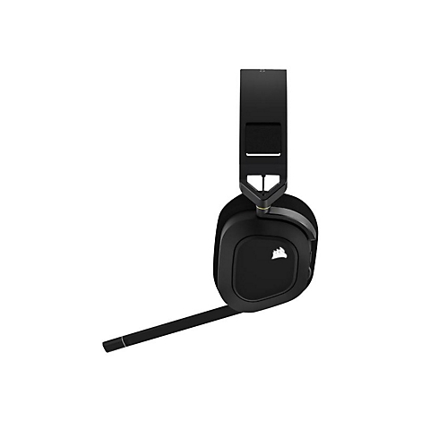Schwarzes Corsair Gaming-Headset mit eckigen Ohrmuscheln und ausklappbarem Mikrofon vor weißem Hintergrund.
