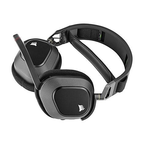 Schwarzes Corsair Gaming-Headset mit Mikrofonarm, Draufsicht vor weißem Hintergrund.