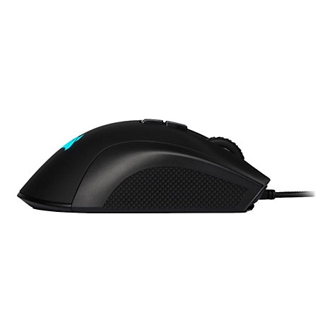 Schwarze Gaming-Maus im Profil. Leuchtendes Logo, geriffelte Seiten, Kabelanschluss.