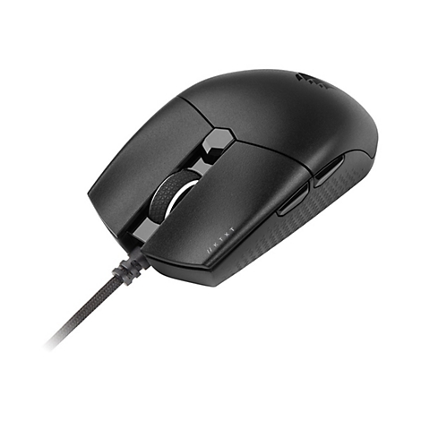 Schwarze Gaming-Maus mit Kabel, Detailansicht. Text: // KTX T.