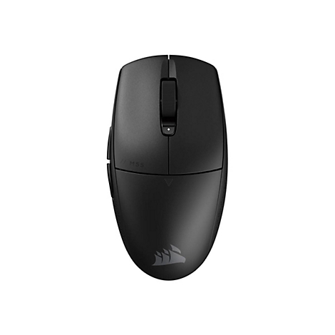 Schwarze kabellose Gaming-Maus mit Corsair-Logo und M55-Schriftzug in der Draufsicht auf weißem Hintergrund.