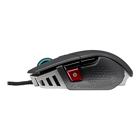 Schwarze Gaming-Maus in Seitenansicht mit roter Sniper-Taste und blau beleuchtetem Mausrad.