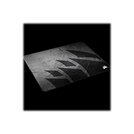 Graues Mauspad mit schwarzen Logos auf schwarzem Hintergrund. Corsair-Logo rechts unten.