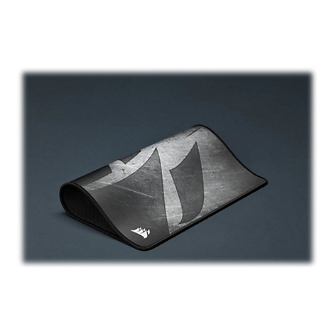 Schwarzes Mauspad mit Corsair-Logo. GroÃŸe weiÃŸe, abgenutzte Grafik. Schwarze Gummierung.