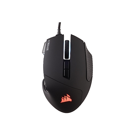 Schwarze Corsair Gaming-Maus. Oben ein beleuchtetes Rad und das Corsair-Logo.
