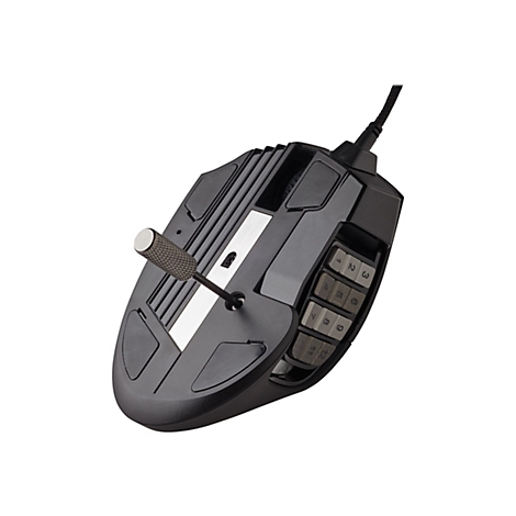 Schwarze Gaming-Maus auf weißem Hintergrund, mit vielen Tasten und einem Drehregler.