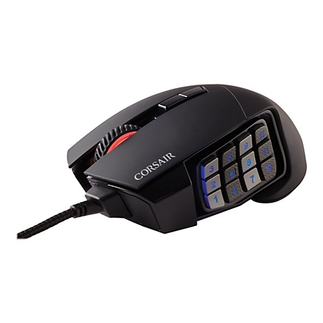 Schwarze Gaming-Maus mit Zifferntasten, Corsair-Logo. Rotes Mausrad. Geflochtenes Kabel.
