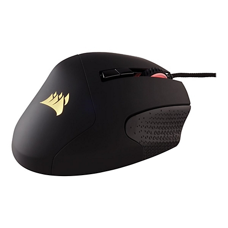 Schwarze Gaming-Maus mit Corsair-Logo und strukturierten Seitengriffen, auf weißem Hintergrund.