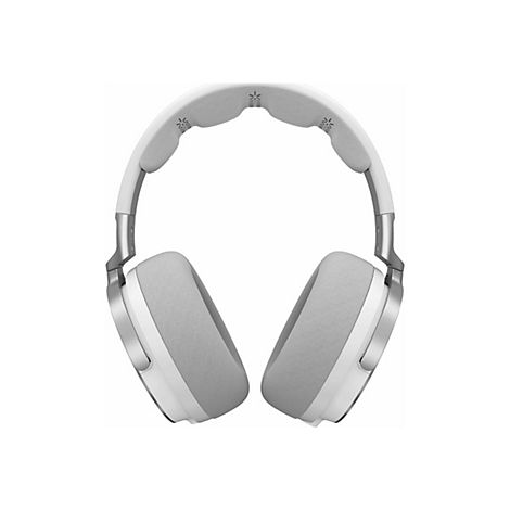 Weiße, moderne Over-Ear-Kopfhörer mit silbernen Akzenten vor einem weißen Hintergrund.