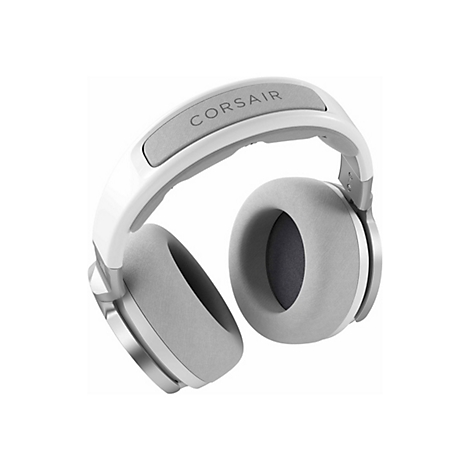 Hellgraues Gaming-Headset mit weißem Bügel. Die Ohrmuscheln und der Bügel sind mit Corsair beschriftet.