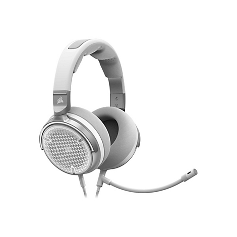 Weißes Gaming-Headset mit Mikrofon, auf weißem Hintergrund. Der Markenname Corsair ist auf dem Headset abgebildet.