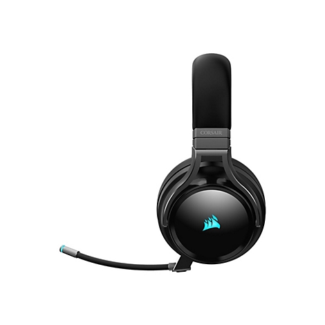Schwarzes Gaming-Headset mit Mikrofon. Das Corsair Logo in TÃ¼rkis ist auf den Ohrmuscheln zu sehen.