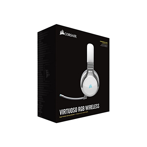 Auf schwarzem Hintergrund ist die Verpackung eines weiÃŸen Gaming-Headsets zu sehen, das sich Virtuoso RGB Wireless nennt. Das Corsair-Logo ist sichtbar.
