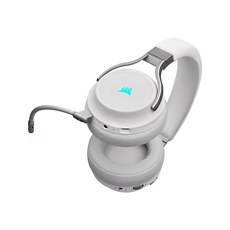 WeiÃŸes Gaming-Headset mit Mikrofon, beleuchtetem Logo und silbernen Akzenten.
