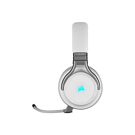 WeiÃŸes Gaming-Headset mit Mikrofon. Das Corsair-Logo leuchtet blau.