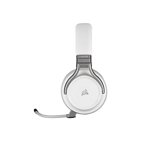 WeiÃŸes Headset mit silbernen Details. Ein Mikrofon ist angebracht.