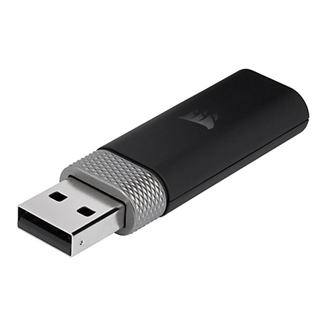 Schwarzer USB-Stick mit silberner Spitze, Corsair-Logo.