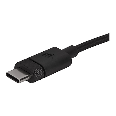 Nahaufnahme eines schwarzen USB-C-Kabels mit Metallanschluss.