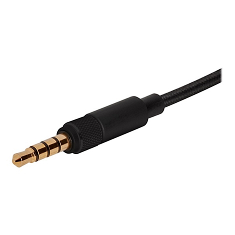 Nahaufnahme eines 3,5-mm-Klinkensteckers mit goldenem Stecker und schwarzem Kabel. Der Stecker ist im Detail zu sehen.