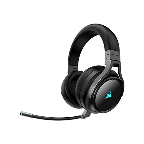 Schwarzes Corsair Gaming-Headset mit blau beleuchtetem Logo und ausziehbarem Mikrofon vor weißem Hintergrund.