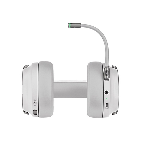 Hellgraues Headset mit Mikrofon und weichen Ohrmuscheln vor weißem Hintergrund.