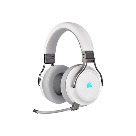 Weißes Gaming-Headset mit grau gepolsterten Ohrmuscheln. Auf einer Ohrmuschel leuchtet ein blaues Logo, am Bügel steht „CORSAIR“.