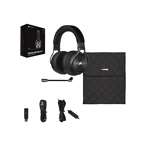 Schwarzes Corsair Virtuoso RGB Wireless XT Headset mit Zubehör, auf weißem Hintergrund.